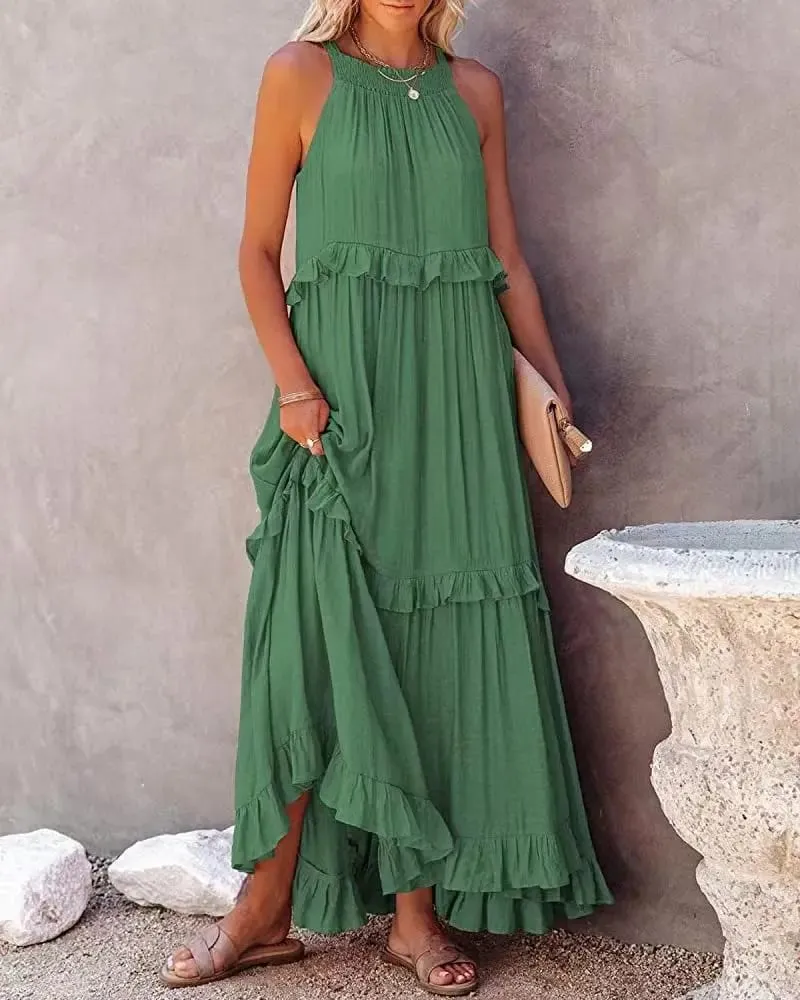 Women Casual Solid Ruffles Long Dress Summer Elegant Sleeveless Sundress Elegant Harajuku Maxi Dress Beach Party Evening Vestido — image 7