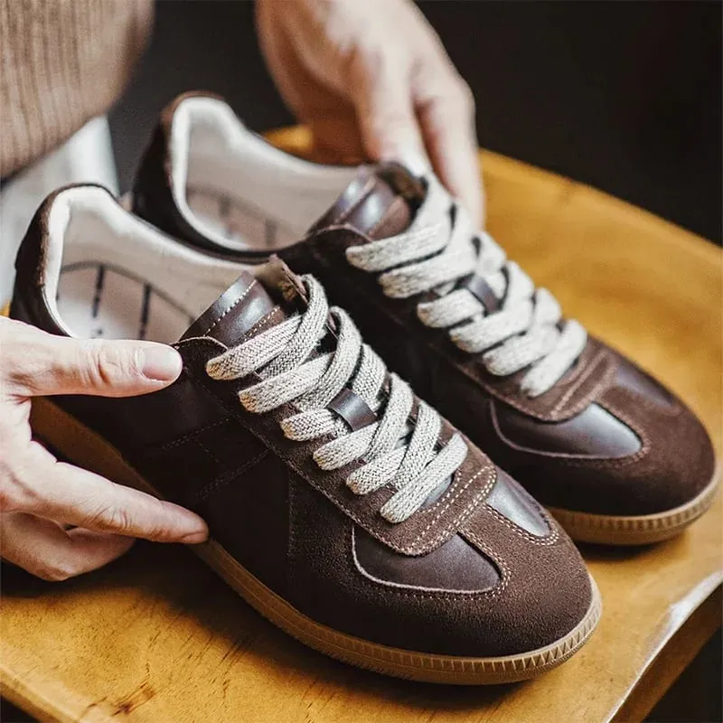 Maden Classic Brown Spliced German Trainer Shoes Flat Low-top Sneakers for Men's Spring and Autumn Casual Lace-up Sporty Shoes