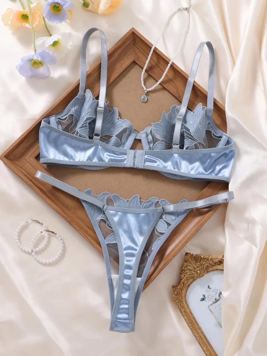Silver Blue Floral Embroidery Lingerie Set Satin Mesh Underwire Bra Thong Women Intimate Underwear Honeymoon Boudoir ZA824031 — image 2