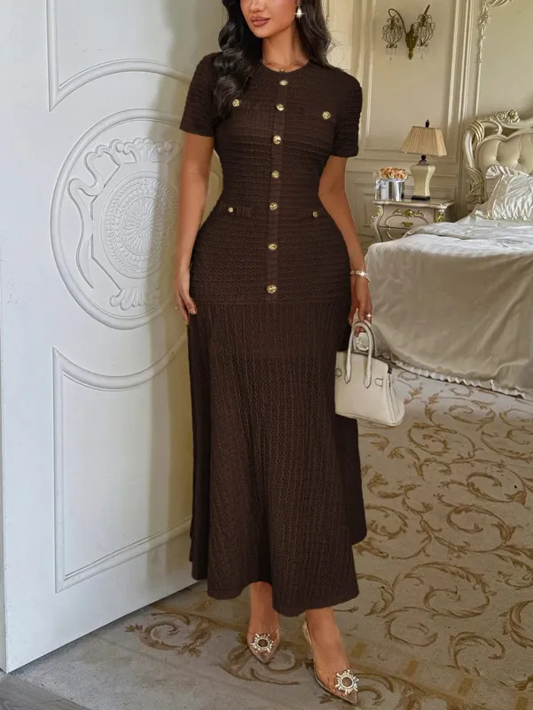 Women's Solid Color Midi Dress Short Sleeve Gold Button Decorated Fitted Flared Hem Gown Elegant Retro Outfit Dating & Parties — image 7