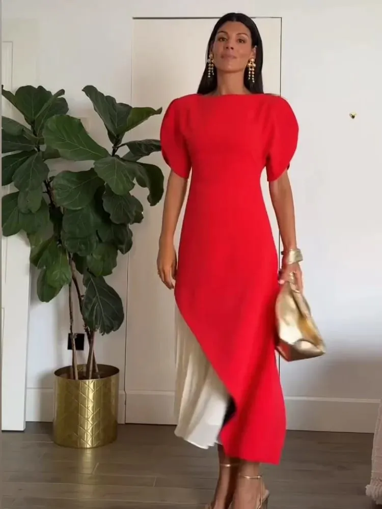 Asymmetric Hem Puff Sleeve Midi Dress Solid Boat Neck Slim Fit 2026 Summer Chic Elegant Party Women Evening Office Evening Gown — image 5