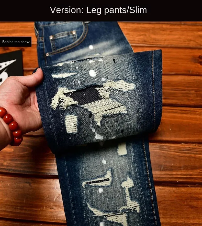 High end nostalgic jeans for men slim fit with small holes patches scraped inkjet street trend elastic retro denim pants