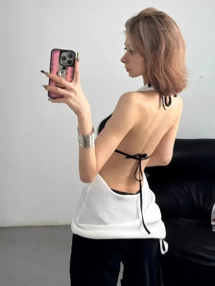 Sexy Hot Girl V-neck Knitted Halter Top for Women in Summer New Style for Outerwear Backless White Sports Slim Fit Top Trendy — image 6