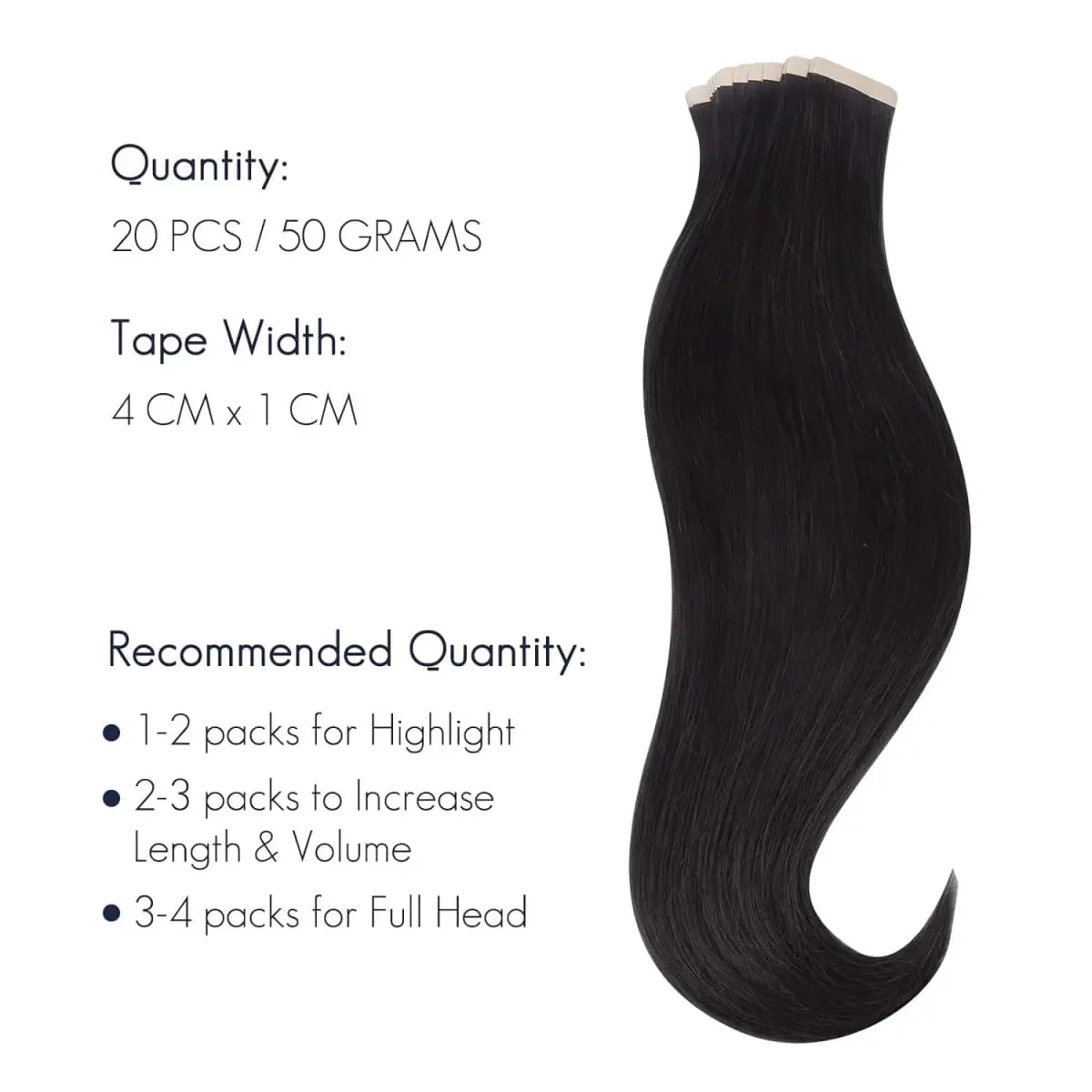 Straight Tape in Hair Extensions Human Hair Natural Black 20 Inch 50g 20pcs Skin Weft Seamless Tape in Real Remy Straight Hair for Women — image 5