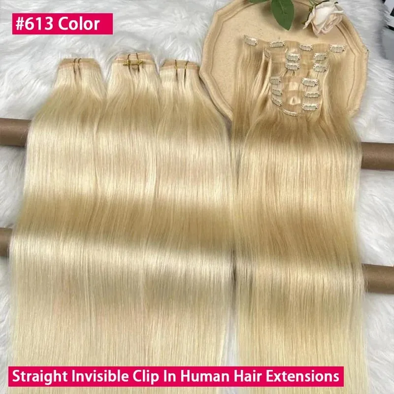 Straight #613 Blonde Color Invisible Clip in Hair Extensions PU Seamless Double Weft Clip Ins 100% Raw Virgin Human Hair 100g — image 2