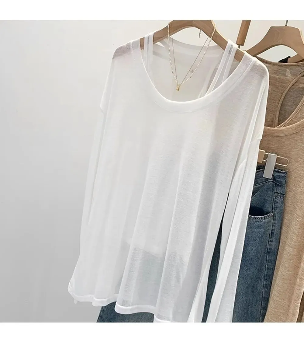 New Loose Fit Long Sleeve Tops Set Casual Sun Protective Two Piece Set Thin Sun Protection Cover Up Women — image 8