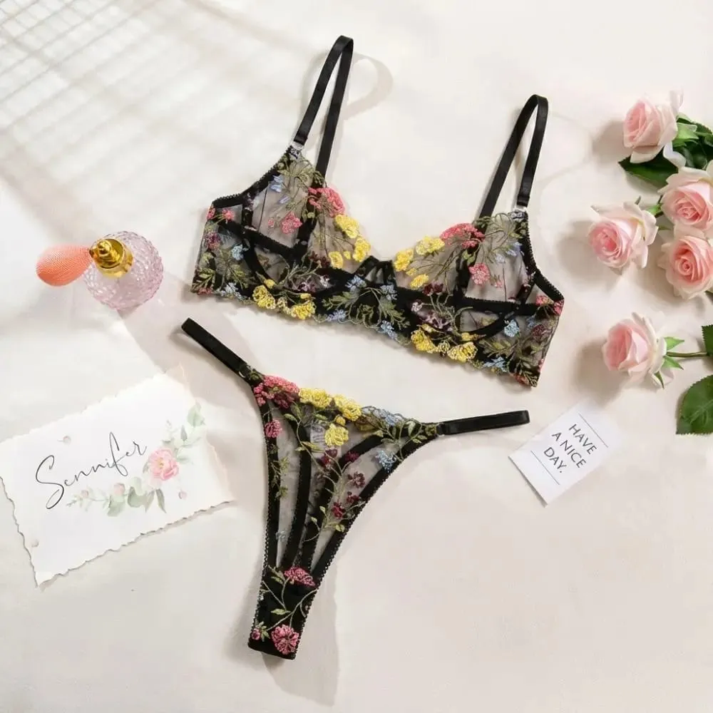 2-Piece Bohemia Floral Lingerie Set Sheer Embroidery Underwear Intimates Versatile Underwire Push-up Bra Panty Set For Lady Girl — image 3