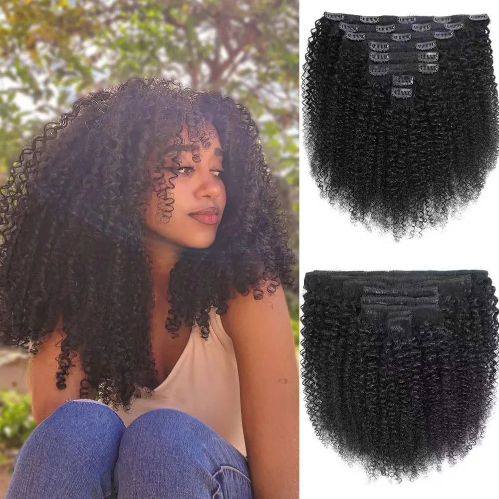 Afro Kinky Curly Clip in Hair Extensions Human Hair 12A Brazilian Hair Water Wave Clip Ins 120g Natural Black 8Pcs/Set Full Head