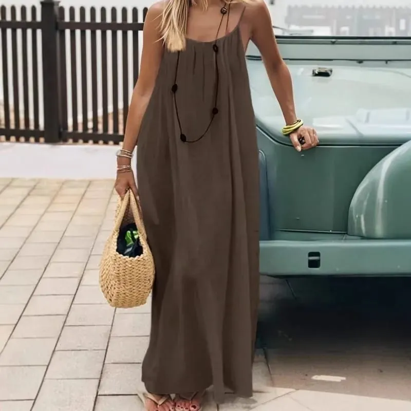 2026 Solid Color Vacation Cool Homewear Loose-Fit Spaghetti Strap Dress Women's Casual Homewear Summer Dress — image 5