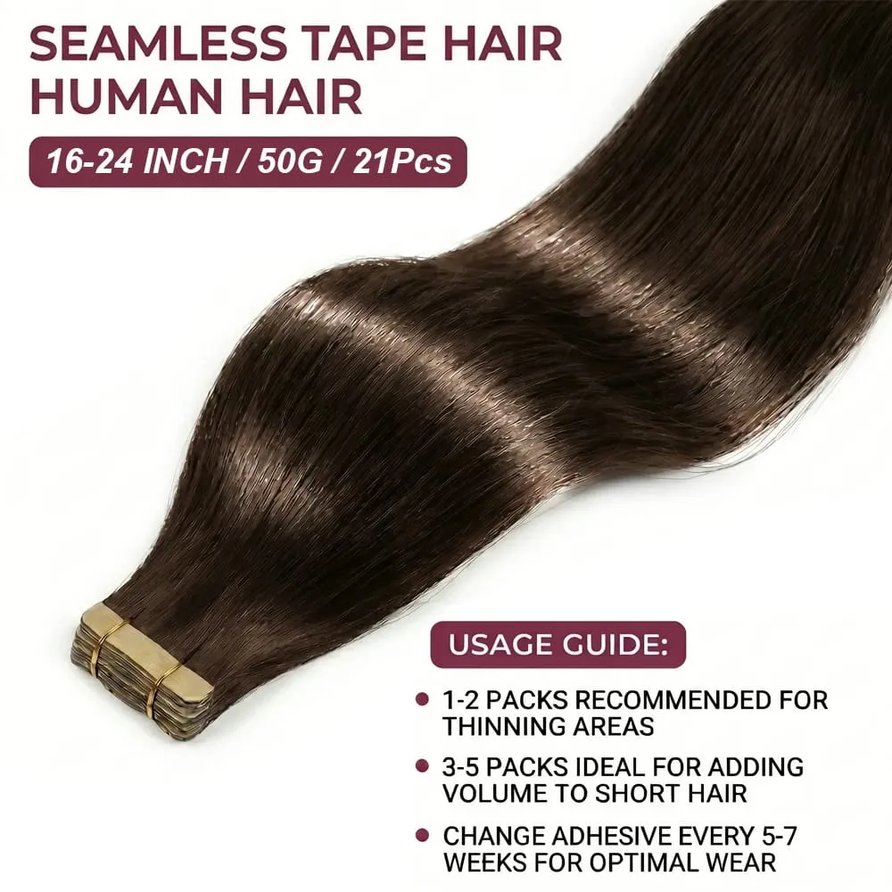 Seamless Brown Tape in Hair Extensions 100% Human Hair Straight 14A Grade Virgin Remy 21pcs 50g Pack Thick End Women #4 Beauty 18 20 22 Inch — image 9