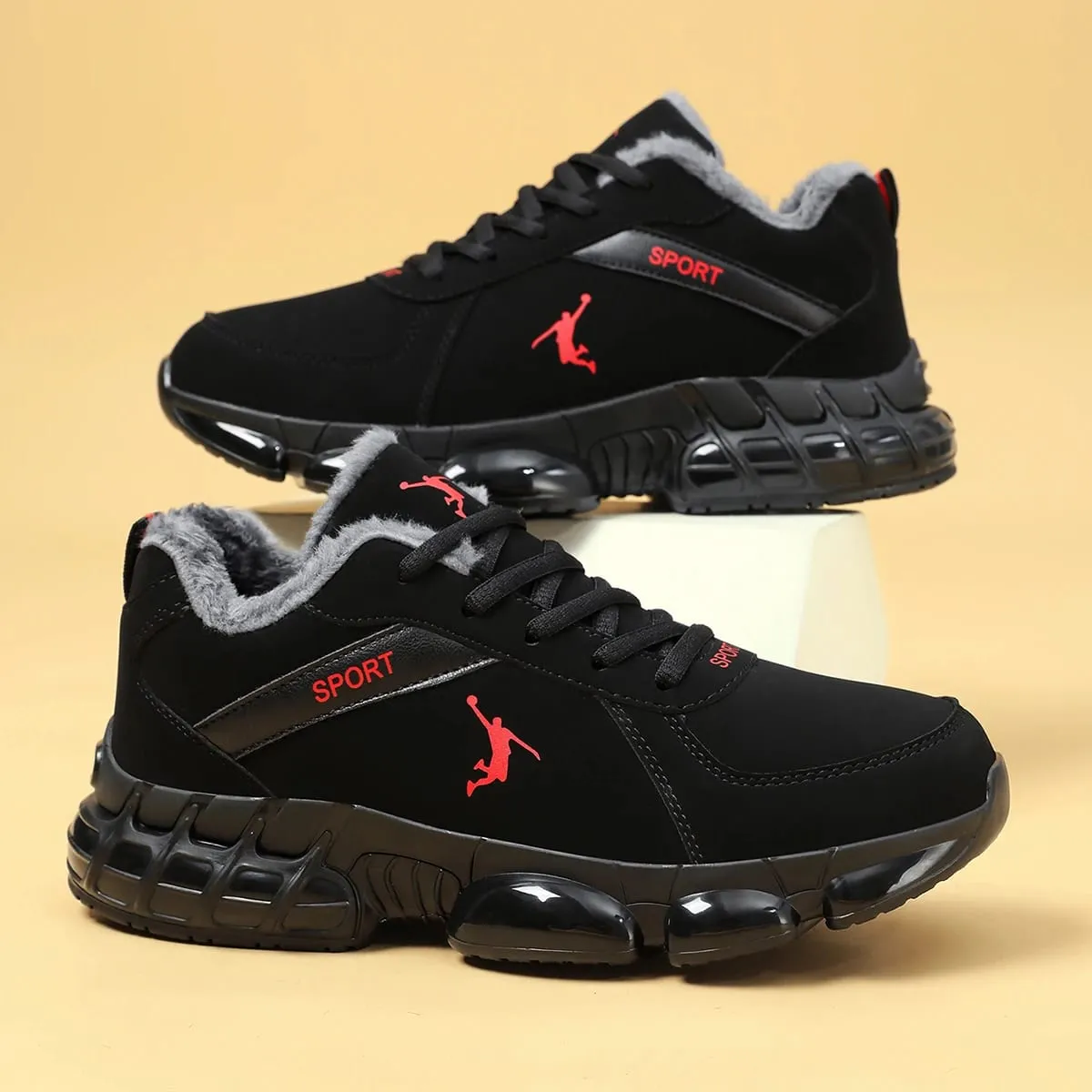 Men Winter Warm Plush Lined Sneakers Air Cushion Thick Sole Non‑Slip Lace‑Up Casual Sports Shoes Outdoor Walking Snow Shoes