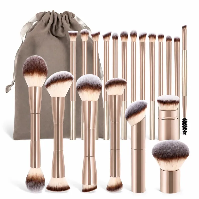 20-Piece Professional Makeup Brushes Set Metal Handle Wand With Velvet Pouch Soft Foundation Powder Blush Eyeshadow Eyebrow B