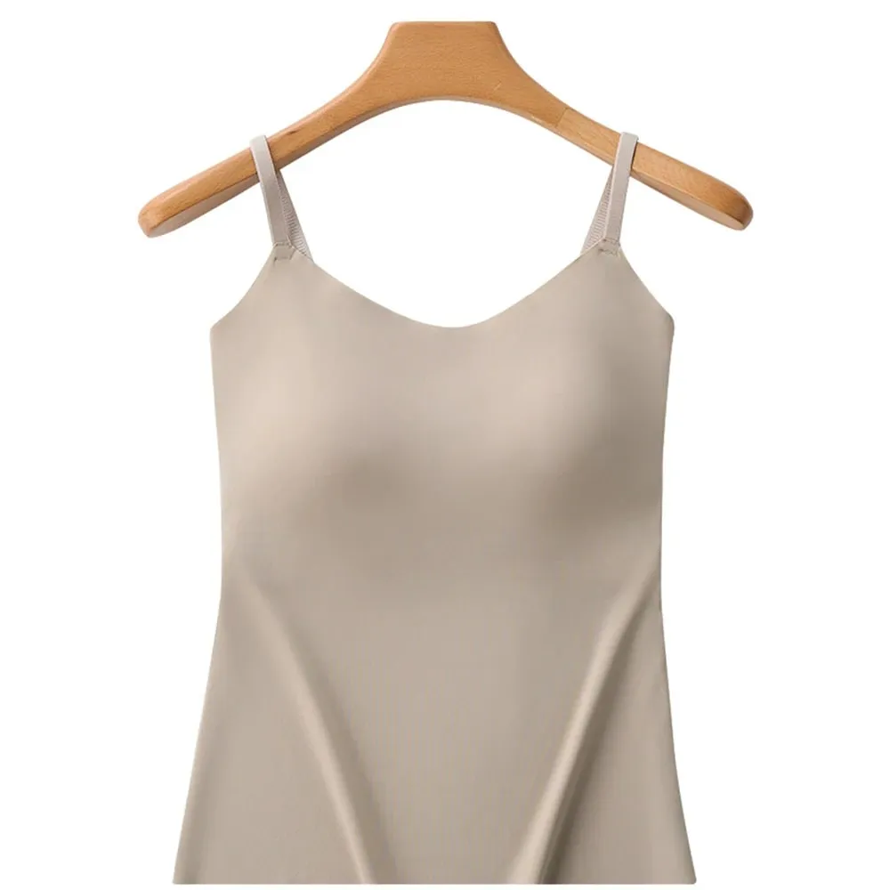 M-XL Summer Ice Silk Camisole Top With Build-in Bra Women Plus Size Long-Length Tank Tops One-Piece Slimming Tanks Bra Underwear