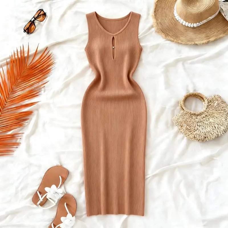 Women's Solid Summer Blue Pink Midi Dress Sleeveless Stretchy Knit Ribbed Keyhole Cutout Bodycon Sundress Party Vacation Dress — image 7