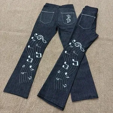 Note Rose Embroidered Original Color Jeans Unisex 1021M Version Slightly Flared HighStreet Wear Straight Jeans Stacked Pants Men
