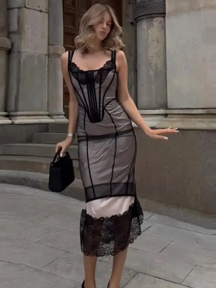 Sheer Mesh Overlay Spaghetti Strap Midi Dress Waist Cinched Sleeveless 2026 Summer Women Accessories Trendy Classy Lady Outfit — image 7