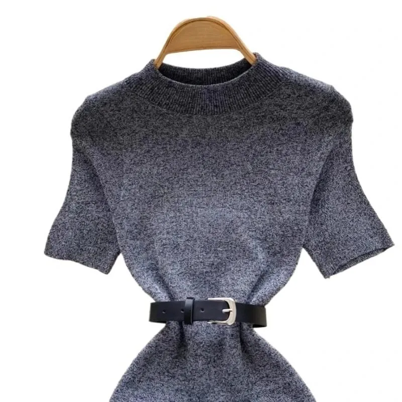 Women's Grey Crew Neck Short Sleeve Sundress Belted Waist Stretchy Ribbed Knit Bodycon Mini Dress Casual Party Office Dress — image 5