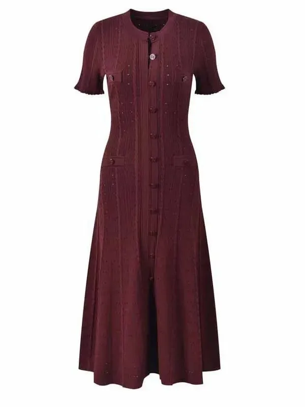 Elegant Knitted Dress round Neck Short Sleeve Hollow out Long Dress Ribbed Single Button Knitted Dress Fashionable Commute Style