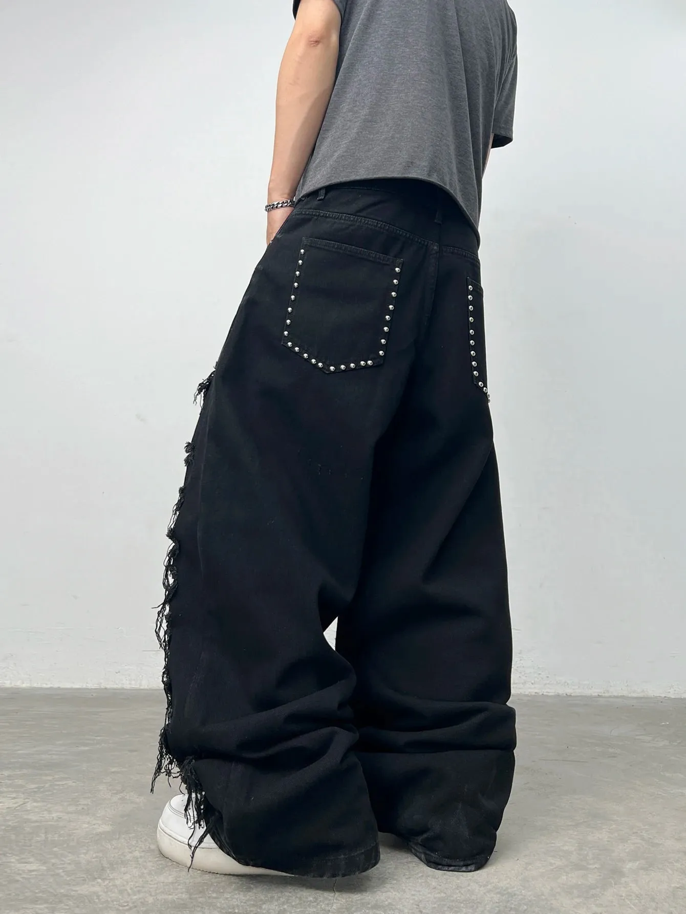 American High Street Double-Layer Patch Ripped Studded Design Black Men's Loose Jeans Y2K Street Hip-Hop Fashion Wide-Leg Pants — image 7