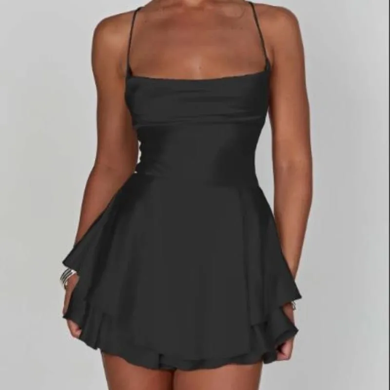 Satin Silk Women Sexy Cami Playsuits Dress Solid Cowl Neck Sleeveless Short Jumpsuits Summer Cross Tie-Up Backless Romper — image 7