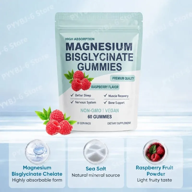 High Absorption Magnesium Bisglycinate Gummies Vegan Raspberry Flavor 60 Count Support Muscle Bone Health Non GMO Gluten Free — image 4