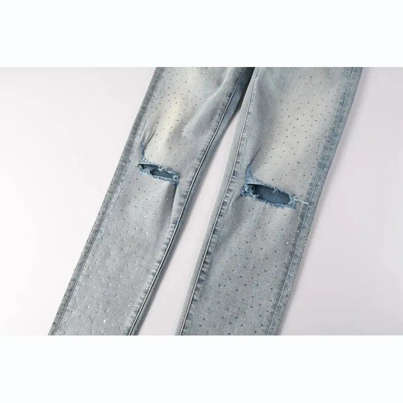 Men's Washed Distressed Skinny Ripped Jeans Light Blue Rhinestone Decor Button Fly High Street Style — image 5