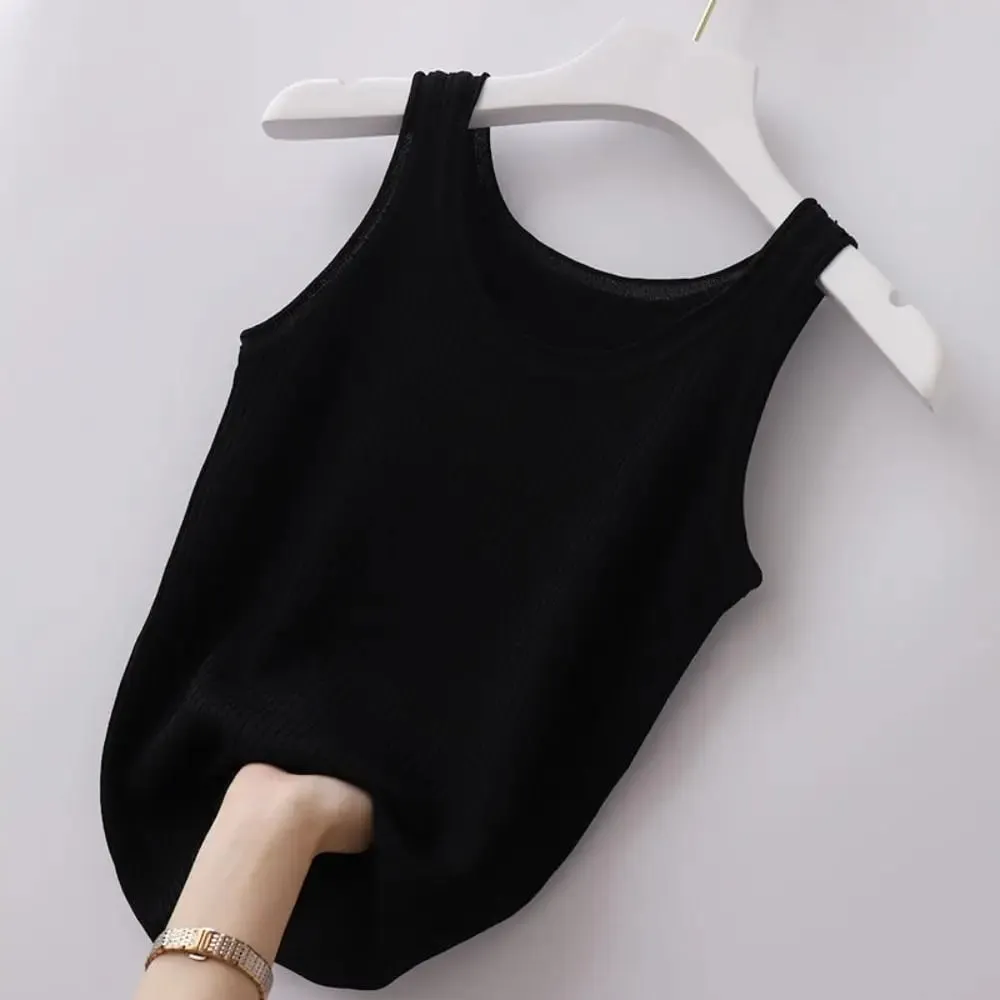 2024 Polyester Sexy Sleeveless Camisole Basic Top Solid Color Summer Camisole Streetwear Tees T-Shirt Spring Knitted Tank Women