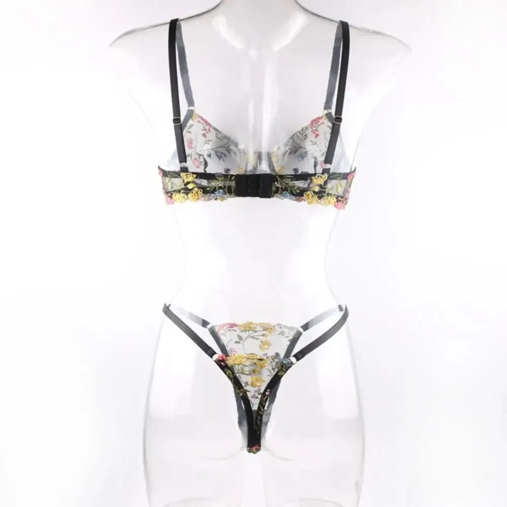 2-Piece Versatile Floral Lingerie Set Embroidery Sheer Boho Bra Panty Set Women Underwear — image 4