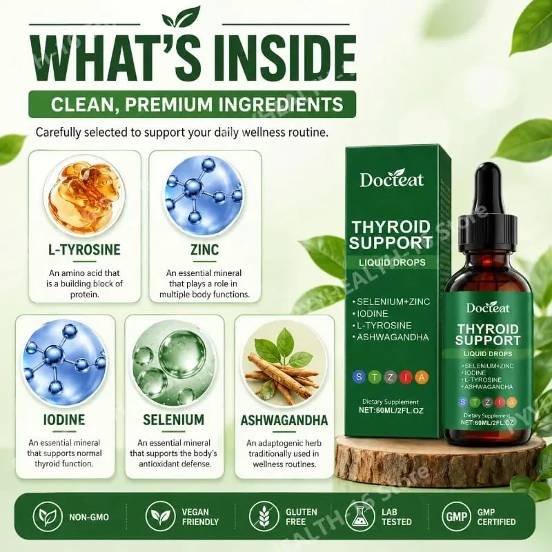 Docteat Thyroid Support Liquid Drops with Selenium Zinc Iodine L-Tyrosine & Ashwagandha Dropper Design for Daily Use 60 ML — image 2