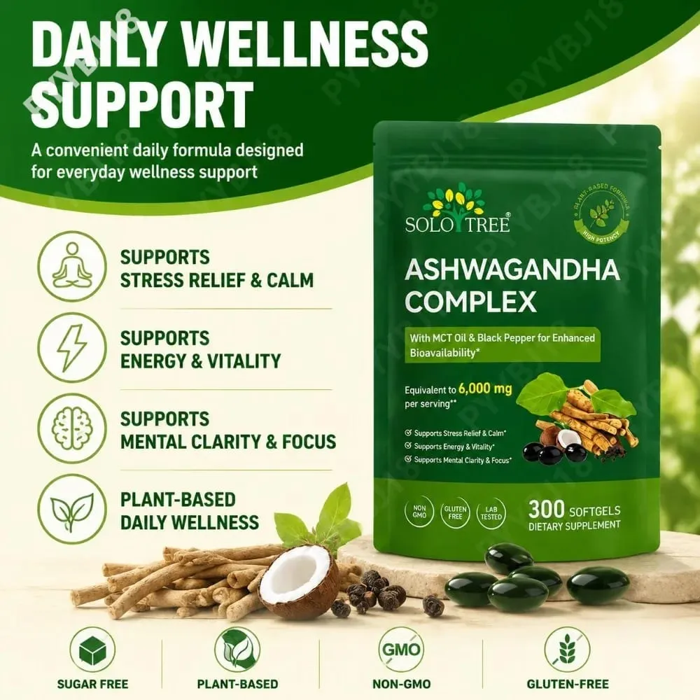 Solo Tree Ashwagandha Complex Softgels Supports Stress Relief Calm Mental Clarity Focus with MCT Oil & Black Pepper 300 Softgels