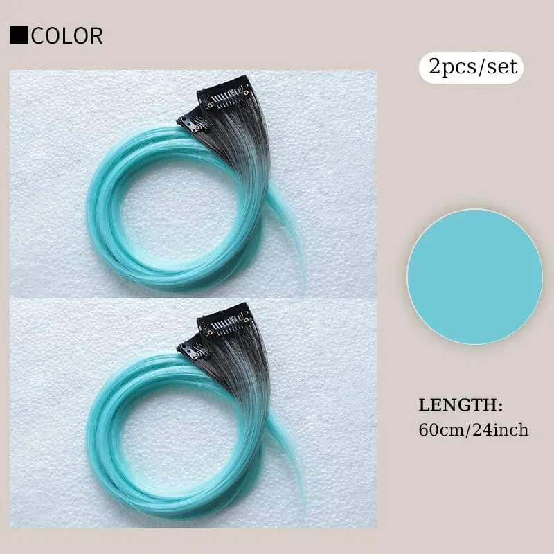 2PCS/SET Colored Party Highlights Clip in Hair Extensions 24inch Long Straight Hair Clips Hairpiece for Halloween Christmas Wear