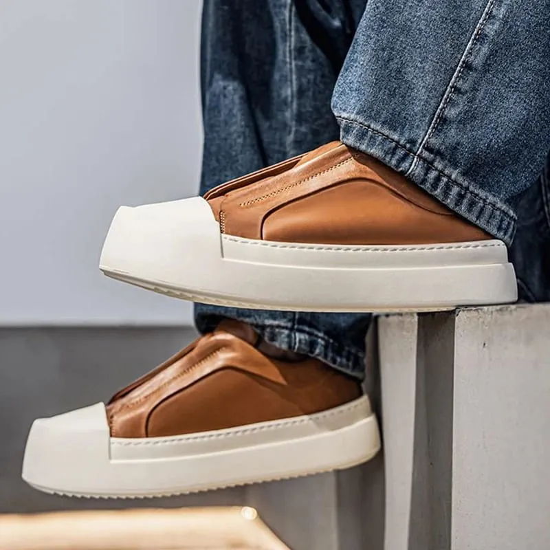 Retro Brown PU Leather Men's Shoes Lightweight Platform Elastic Band Casual Sneakers Fashion Street Walking Shoes High Quality — image 4