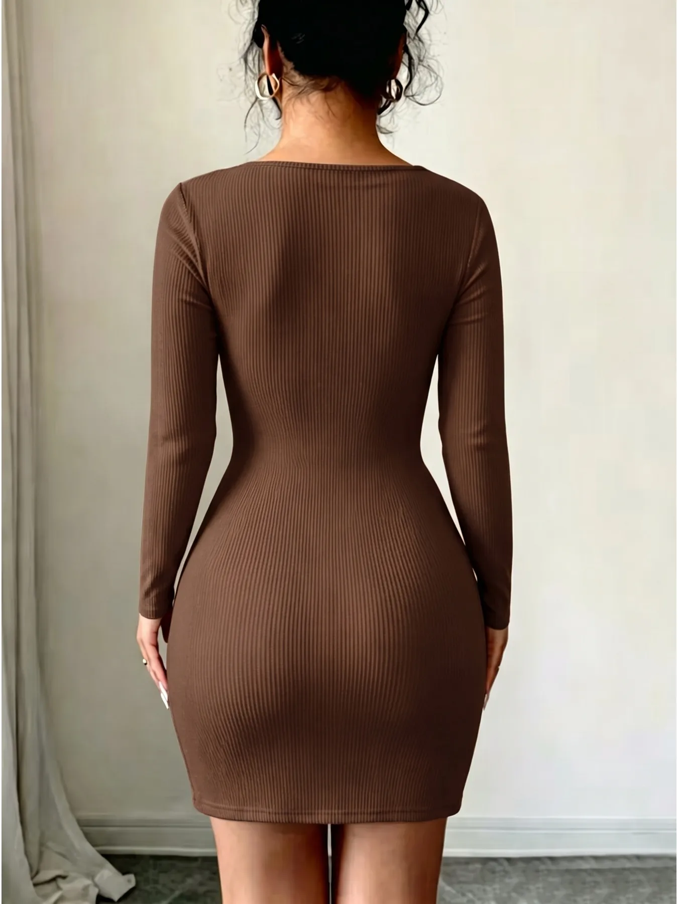 Women's Autumn Casual Elegant Solid Color Dress Mini Skirt Length Long Sleeved Pit Stripe Slanted Collar Fashion — image 3