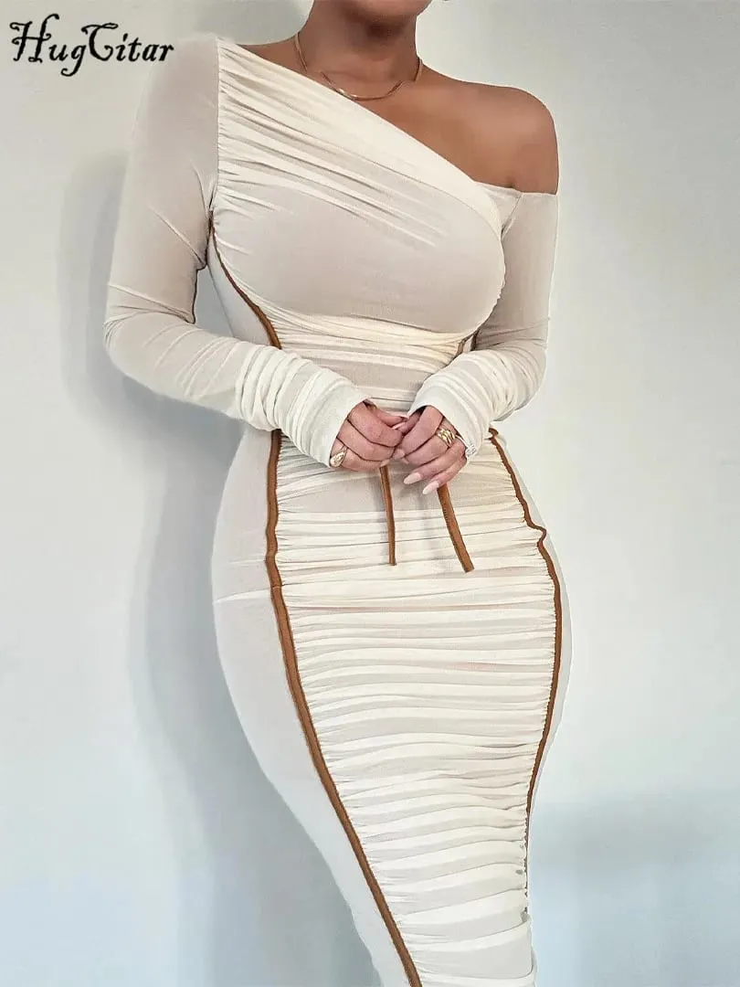 Hugcitar Mesh Kolar pepenjuru Pepejal Lengan Panjang Terbungkus Seksi Gaun Maxi Bodycon Terlihat Melalui Kelab Pesta Pakaian Fesyen Musim Panas — image 3