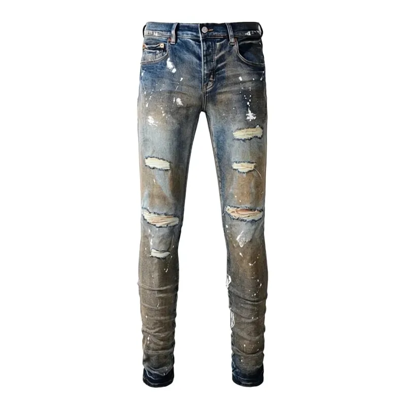 Men's Multiple Ripped Slim Tapered Jeans Vintage Blue Gradient Wash White Paint Splatter Button Fly High Street Style