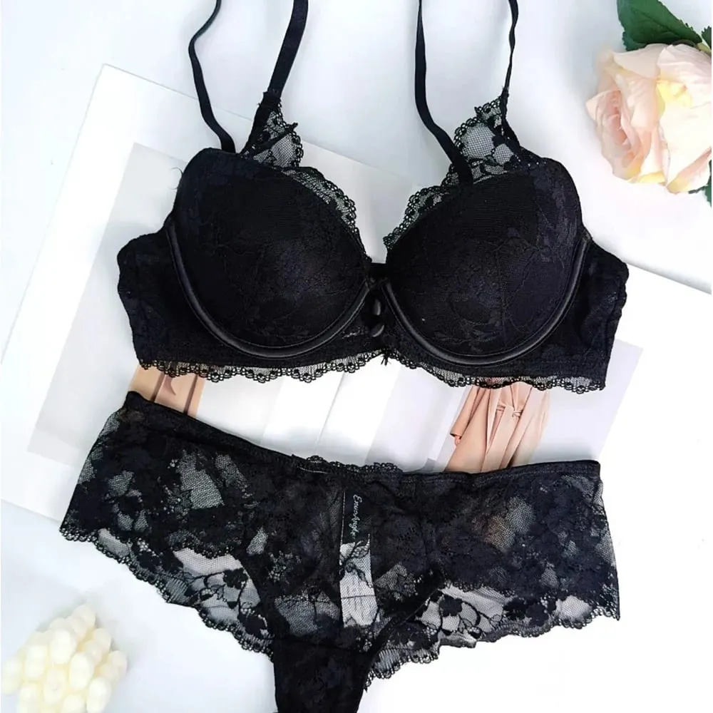 Women Midnight Whisper Floral Lace Lingerie Set Underwire Deep V Bra & Panty 2‑Pcs Delicate Front Button Intimate Underwear — image 2