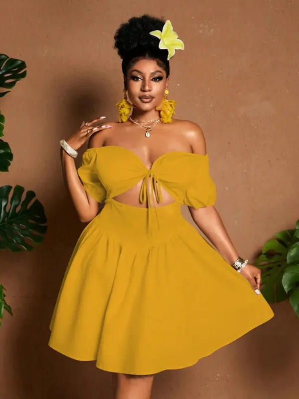 Plus Size Women One-Shoulder Waist-Tie Bubble Sleeve Dress Summer Vacation Style Casual Short Dress Plain Pattern — image 5