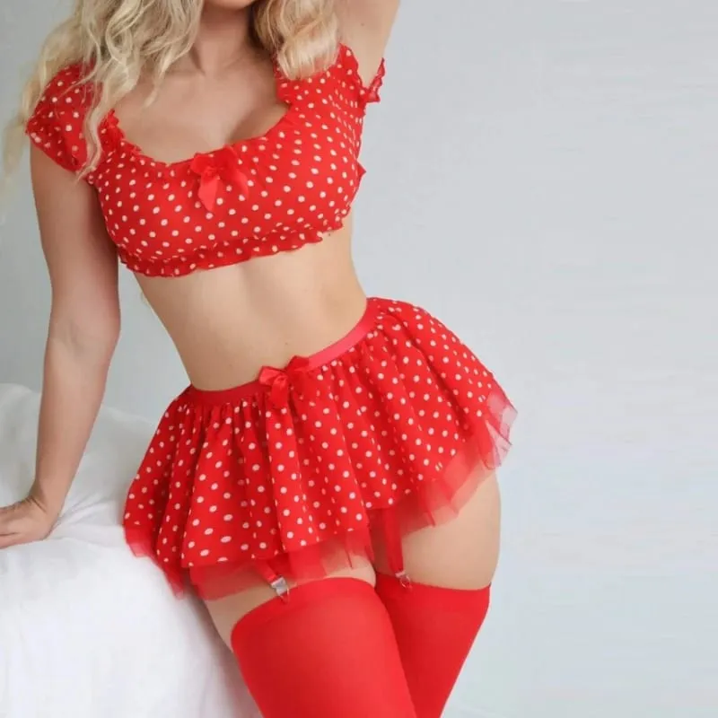 Women's Sexy Short Skirt with Garter Straps Sexy Lingerie Women Sexy Polka Dot Off Shoulder Puffy Skirt Polka Exotic Set — image 3