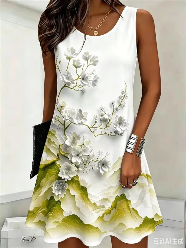 Flower Pattern Women Mini Dresses Summer Sleeveless 3D Floral Printed Street Style Ladies Dress 3XL Plus Size Loose Casual Dress — image 7