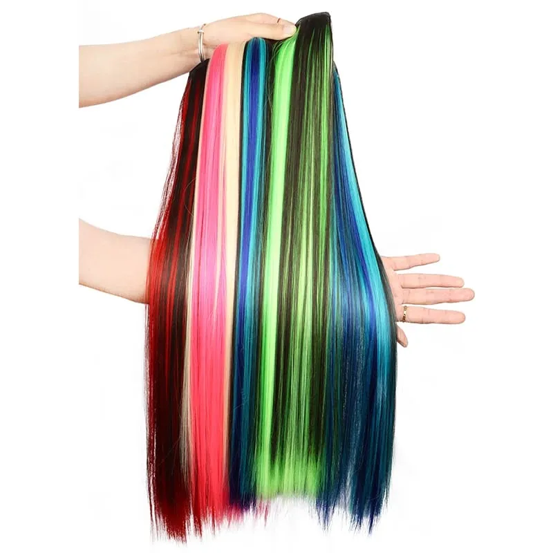 Synthetic 24Inch Long Straight One Piece Rainbow Highlight Clip In Hair Extensions for Women Daily Use Easy Wear — image 3
