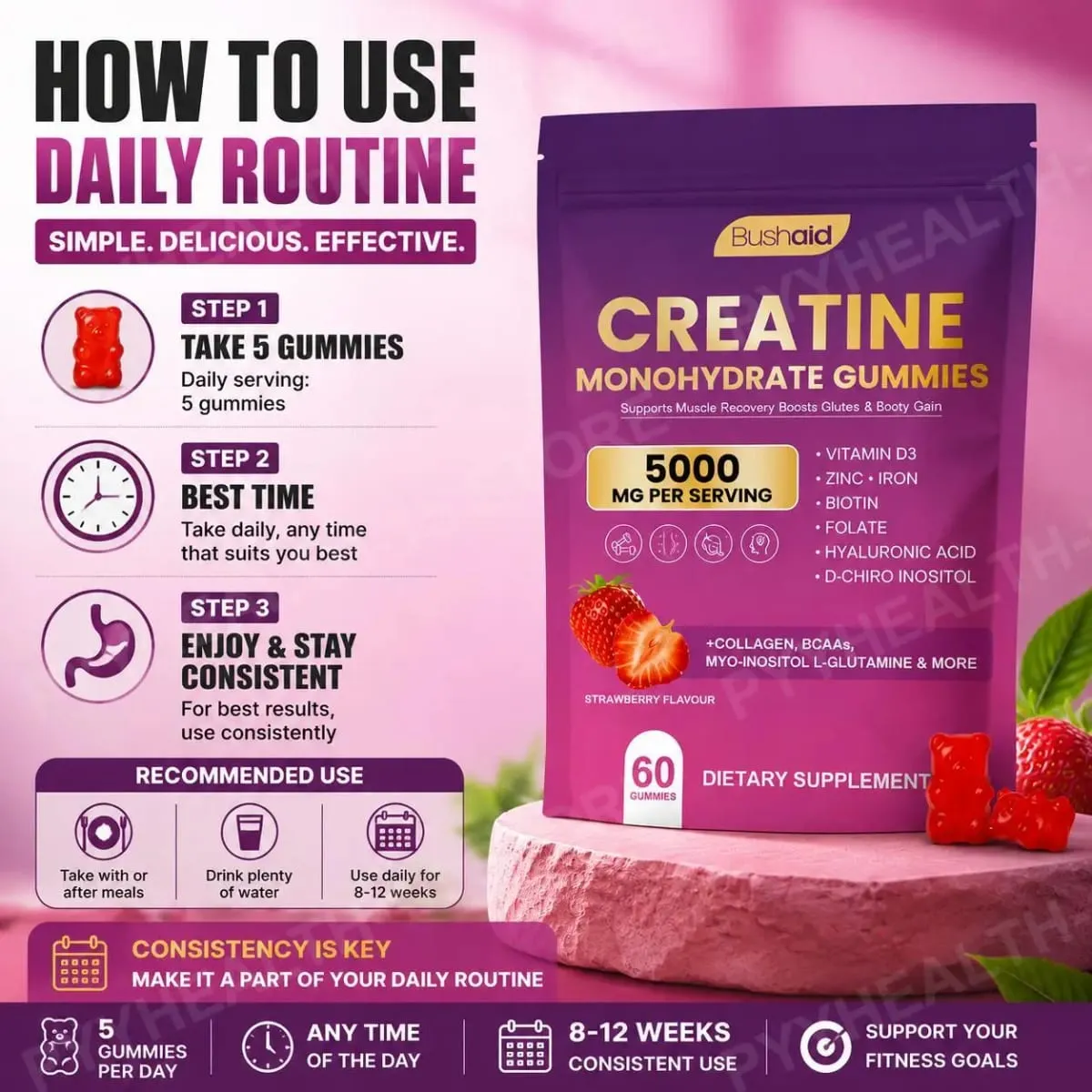 BushAid Creatine Monohydrate Gummies pro regeneraci svalů po tréninku s multi-kolagenovou směsí BCAA a Zinc 60 Gummies