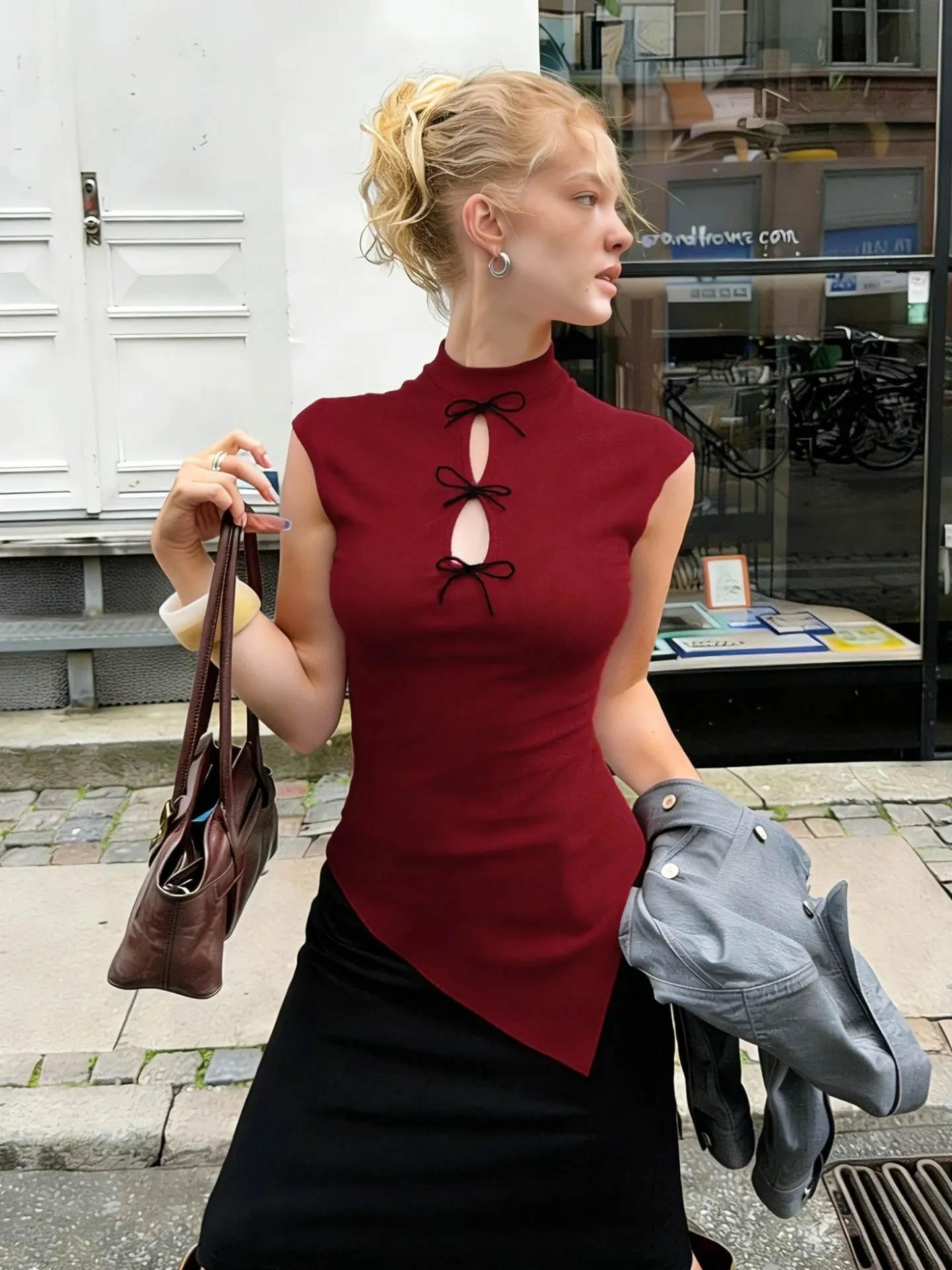 Dulzura High Neck Hollow Out Bow Irregular Slim Fit Top Women'S Solid Sexy Casual Y2K Top Party Club Street Style Summer Clothes — image 7