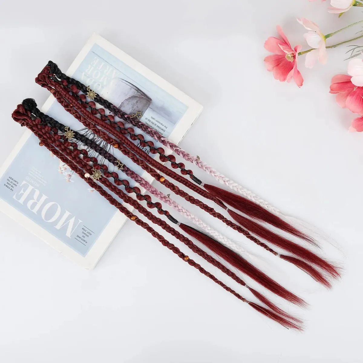 Boho Ombre Burgundy Braided Ponytail Hair Extensions Synthetic Braids With Bohemian Viking Hair Pieces For Women Carnival Party