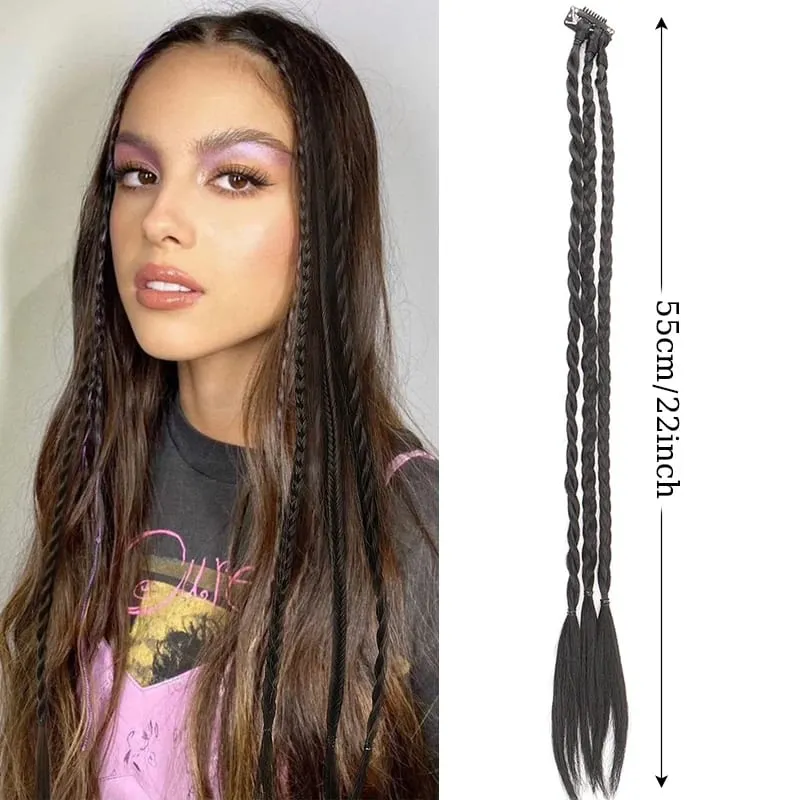 1Pc Clip in Braid Hair Extensions Wig 22inch Synthetic Braided Hairpiece 3 Braids on One Clip for Women Daily Costume Party Use — image 8