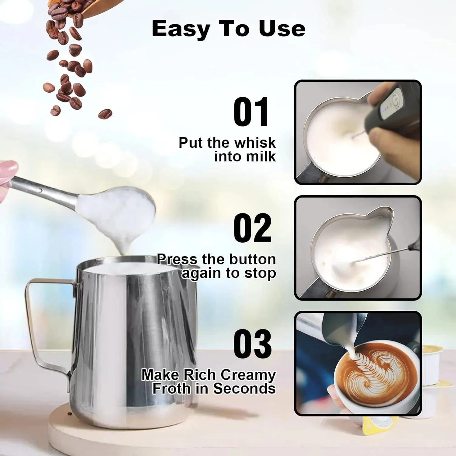 Milk Frother USB boleh dicas semula 3 Kelajuan Pembuat Buih Kopi Whisk Mixer Pemegang Elektrik Blender Pemukul Telur — image 3