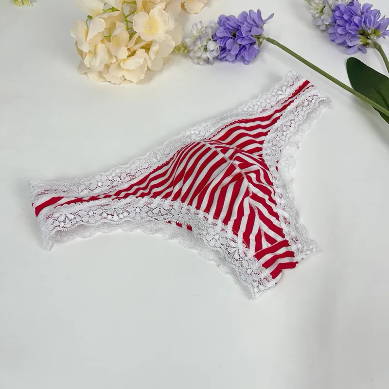 Men Lace Trim Striped G-string Underwear Half-covered Butt Low-rise Pantie Thong Half Hip Men Briefs Mens Sexy Underwear — image 11