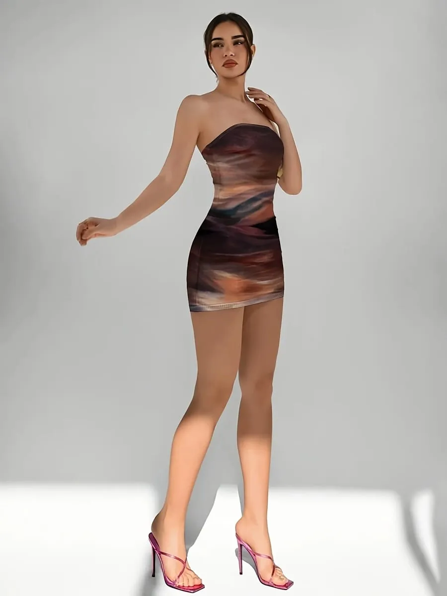 Elegant Women's Knitted Gradient Print Mini Dress Spring Summer New Style Party Holiday Sexy Strapless Slim Fit Gown — image 5