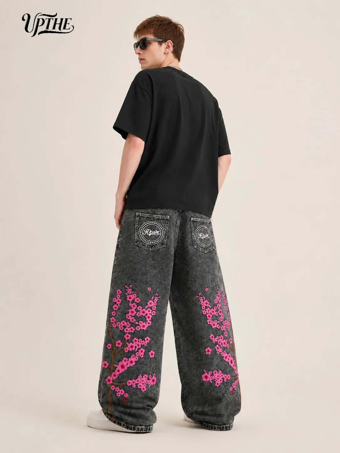 UP.THE Men Baggy Wide Leg Jeans Vintage Washed Black Gray Denim Pants Y2K Loose Cherry Blossom Embroidery Heart Letter Print Streetwear Jeans for Daily Hip Hop Casual Outfits — image 6