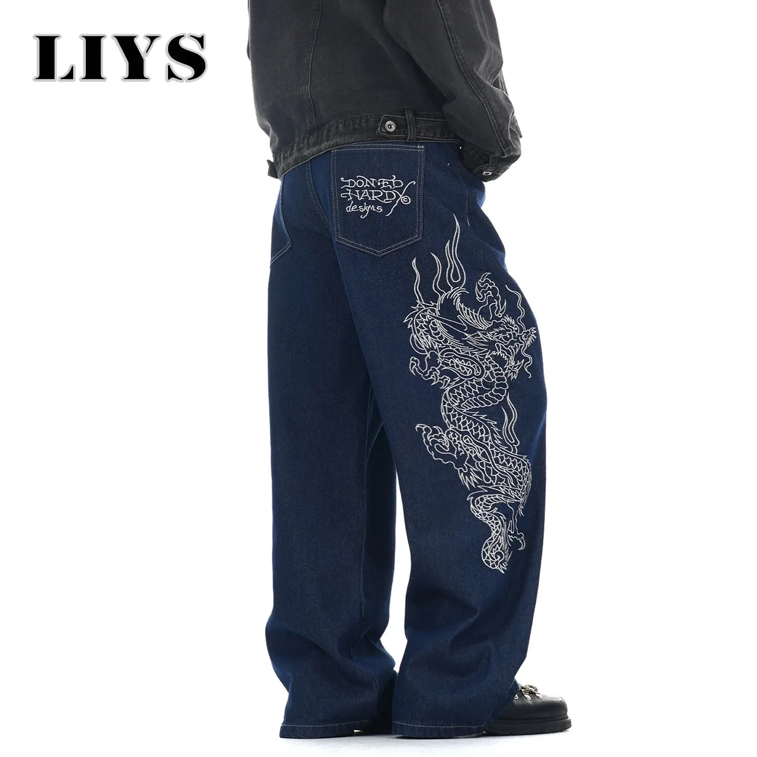 New Men's Blue Baggy Dragon Embroidered Wide Leg Jeans Spring Summer Classic Blue Baggy Washed Denim Pants Unisex Clothing — image 5