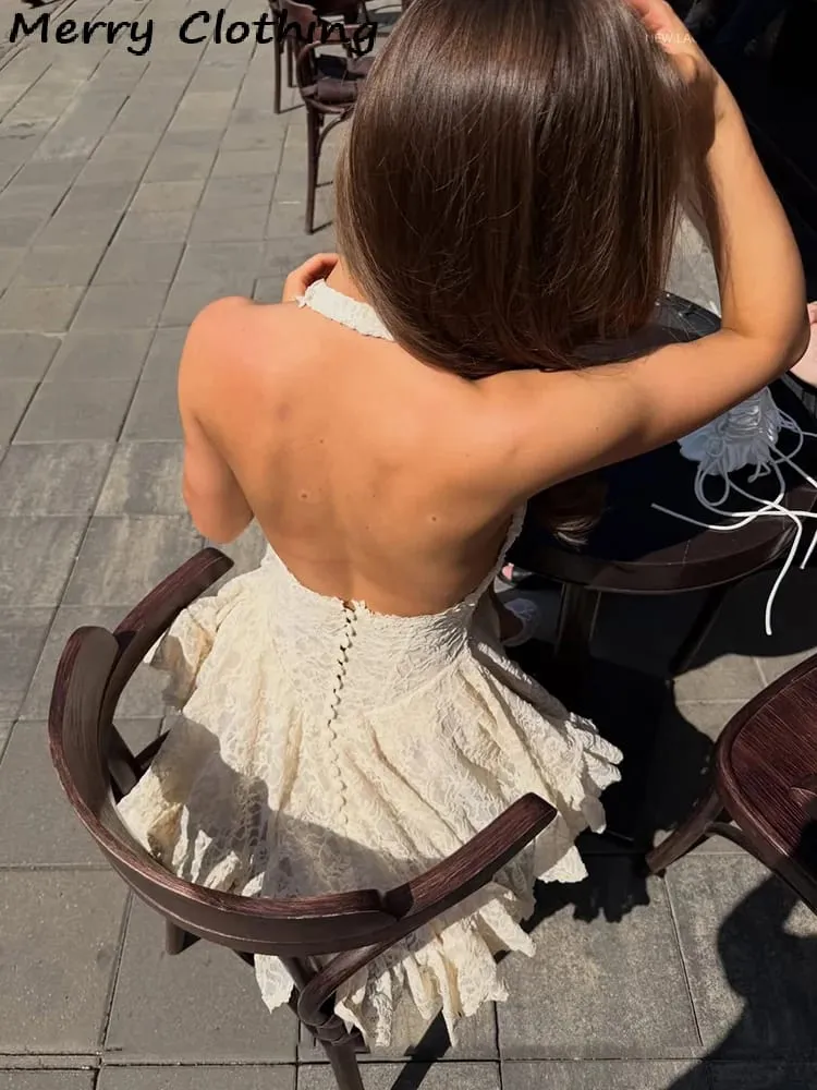 V Neck Halter Lace Mini Skirt Women Fashion Waist Cinched A Line Dress Backless Sleeveless Short Vestidos Summer Lady Dresses — image 7